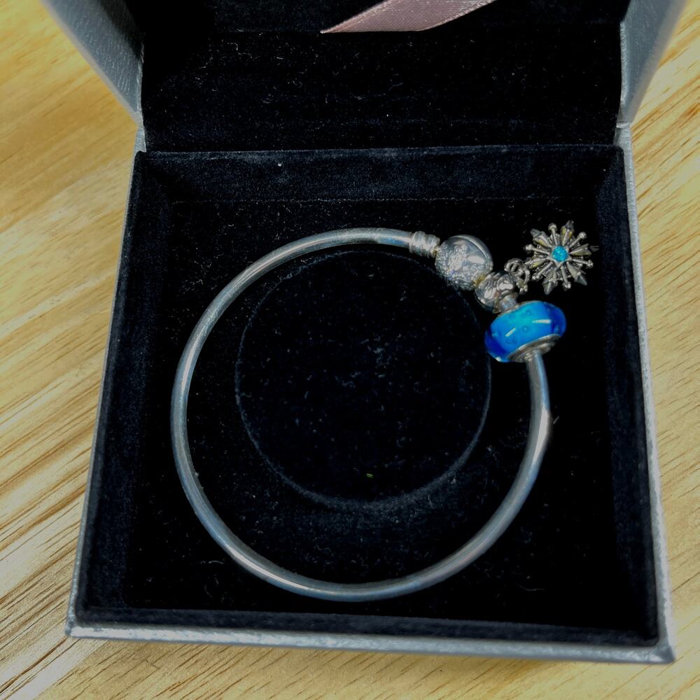 Pandora Limited Ed "Unique as You Are" Snowflake Bangle 925 Murano Blue Bead - Picture 4 of 16